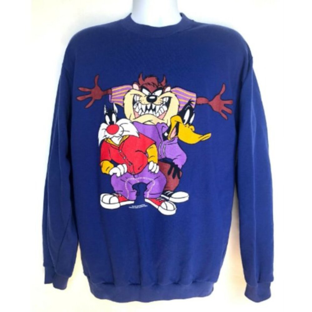 Vintage 1993 Looney Tunes Taz Sylvester Sweatshirt XL Blue Warner Bros